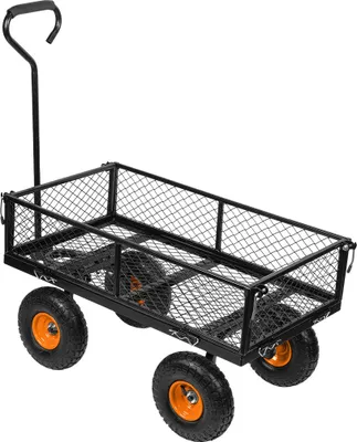 A black garden cart with orange wheels is shown against a white background.