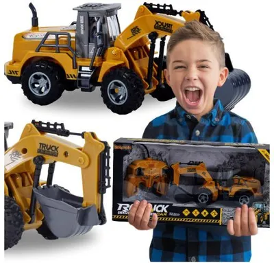 A boy is excitedly holding a toy excavator in its packaging, with other images of the toy excavator around him.