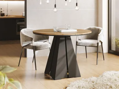 Produktbild von Runder Ausziehbarer Esstisch mit Schwarzem Metallgestell - Moderner Industrieller Tisch für Esszimmer oder Küche - 100 cm bis 180 cm -  EU - Craft Eiche
