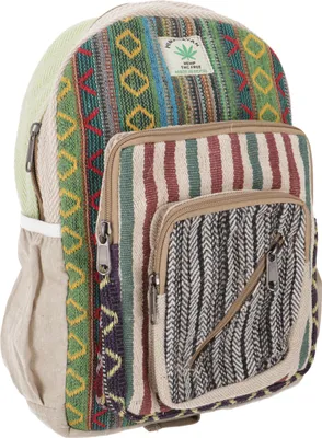 Produktbild von Bunter Ethno Hanf Rucksack - Beige/grün, Uni - Erwachsene, Hanf,Baumwolle, 35*24*15 cm, Ausgefallene Stofftasche