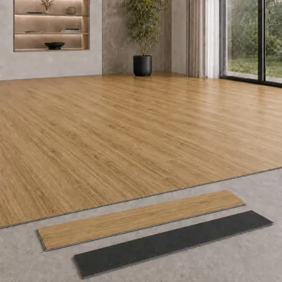 Produktbild von SPC Rigid Vinylboden 5 mm Klick wasserfest mit Trittschalldämmung in Holzoptik für Küche, Bad, Wohnzimmer und Flur, KI-generiertes Bild
