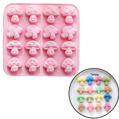 Immagine prodotto di Stampo in silicone a forma di fungo 3D, con 16 cavità, per cioccolato e caramelle, adatto al contatto alimentare, dimensioni 17x16,5x1,6 cm
