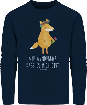 Produktbild von Mr. & Mrs. Panda Baumwoll Pullover Fuchs Blumen Größe S - French Navy - Geschenk, Bio, Freundin, Liebe, Selbstbewusst, Boho, Sweatshirt, Sweater, Pulli, Blume
