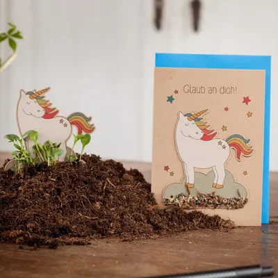 Produktbild von Grußkarte Glaub an dich – Pflanzbare Karte mit Saatstecker – DIN A6 Klappkarte aus Natronkraftkarton inkl. Umschlag