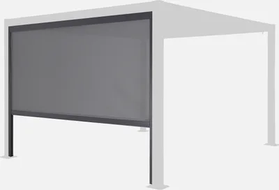 A white pergola with a gray retractable awning is shown against a white background.