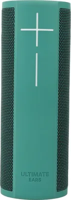 A teal and black cylindrical Bluetooth speaker.