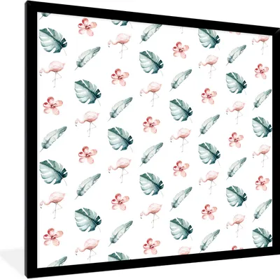 Produktbild von MuchoWow® MuchoWow® Gerahmtes Poster Flamingo - Muster - Blätter 40x40 cm - Poster mit zchwarzem Bilderrahmen - Mit Rahmen - Wanddekoration Schlafzimmer