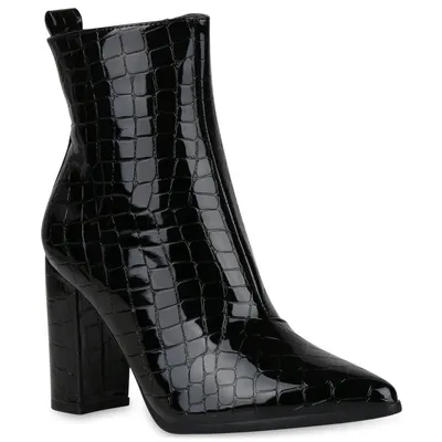 A black, high-heeled ankle boot with a crocodile-like texture is shown against a white background.