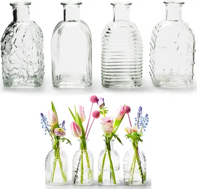 Produktbild von 12 x kleine Vasen aus Glas Vintage H 13,5 cm - Glasvasen Väschen Tischdeko Blumenvase