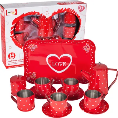 Immagine prodotto di MalPlayTeeservice set da caffè in metallo stoviglie per la cucina dei bambini set da tè da 14 pezzi piatti tazze vassoio per bambini ragazze dai 3 anni in su