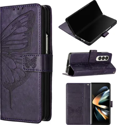 Produktbild von Galaxy Z Fold3 Hülle, Schmetterling Prägung Flip Leder Kartenfächer Schutzhülle Ledertasche mit Ständer für Samsung Galaxy Z Fold3 Lila