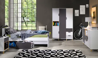 Produktbild von Jugendzimmer-set JOKER 2 Kleiderschrank + Kommode + Nachttisch+ Bett Kinderzimmer Weiß / Graphit + Grau + Lefkas Eiche