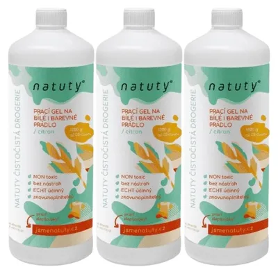 Imagen del producto de Gel de lavado Natuty para ropa blanca y de color, con aroma a limón. Paquete económico de 3 unidades, 1 litro por unidad