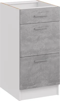 A white cabinet with three gray drawers with concrete texture.