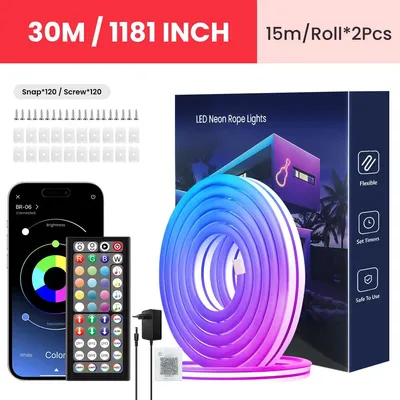 Produktbild von LED-Neonlichtschlauch - Flexible RGB-Lichtleiste - 2 Rollen à 15 m (insgesamt 30 m) - App- und Fernbedienung - Mehrere Lichtmodi - IP65 - 24 V