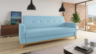 Produktbild von Sofa Wood mit Schlaffunktion - Schlafsofa mit Bettkasten, Bettsofa, Massivholz, Polstersofa mit Holzfüße (Blau (Twist 17))