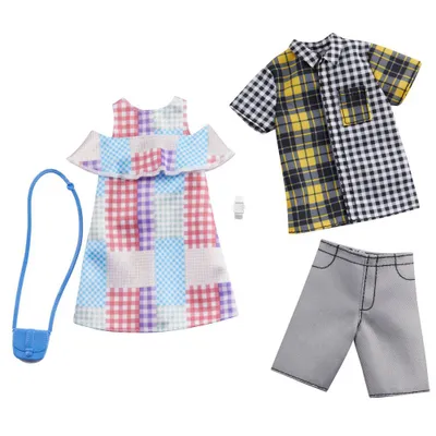Produktbild von Mattel Sommer-Kleidungsset für Barbie und Ken, 5-teilig, mit Schulterfreiem Kleid und Shorts, aus Kunststoff, in Blau, Schwarz-Gelb und Grau, GHX72, ab 3 Jahren