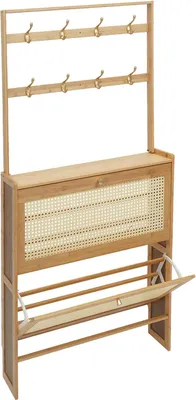 Immagine prodotto di Armadietto per scarpe in bambù con sportello a battente - Scaffale a 2 ripiani per l'ingresso - Con 8 ganci per cappotti e borse - Mobile contenitore per l'ingresso - 70x17x152 cm - Colore legno