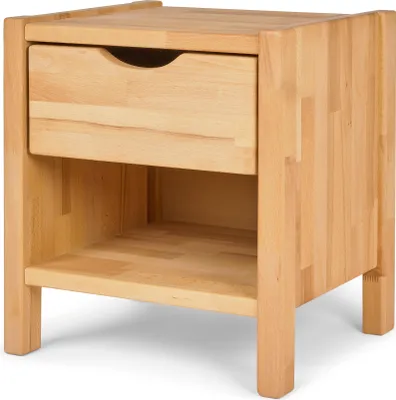A wooden nightstand with one drawer and an open shelf below, shown from a front-diagonal angle.