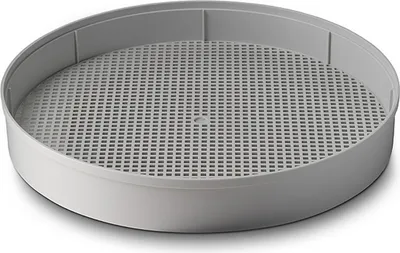 A round, gray drying rack with a perforated surface and a raised white rim, shown from a slightly elevated angle against a white background.