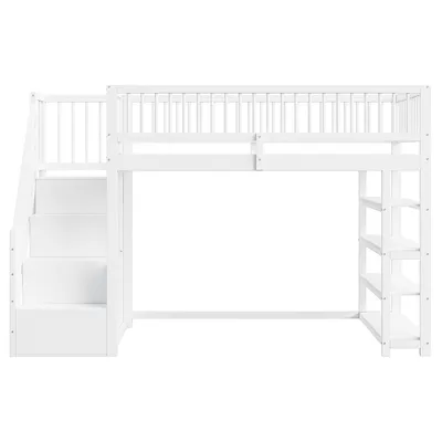 Produktbild von Flieks Etagenbett 90x200cm mit Garderobe, Kinderbett mit Regal, Hochbett mit Treppe und Lattenrost, Stockbett mit Rausfallschutz, Holzbett Weiß