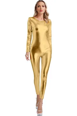 Produktbild von Damen Metallic Catsuit Gold GrXXL Glänzender Ganzkörperanzug Overall Langarm Jumpsuit Disco Space Girl Kostüm Karneval Halloween Fasching Party Show