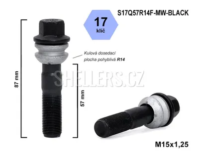 Obrázek produktu pro Kolový šroub M15x1,25x57 kulový R14, pohyblivá plocha, klíč 17, S17Q57R14F-MW-BLACK, černý, výška 87 mm