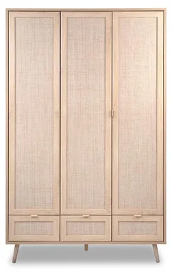 Image de CALICOSY - Armoire 3 Portes 3 Tiroirs et 2 Penderies L120 cm - Impression Rotin - BALI