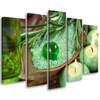 Produktbild von 5-teiliges leinwandbild zen-kerze grün 150x100 cm Feeby grün wandbild bereit zum aufhängen