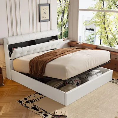 Image de Lit rembourré, 140 x 200, lit hydraulique, rangement dans le coffre de lit, PU, avec sommier à lattes et avec tête de lit, sans matelas, blanc