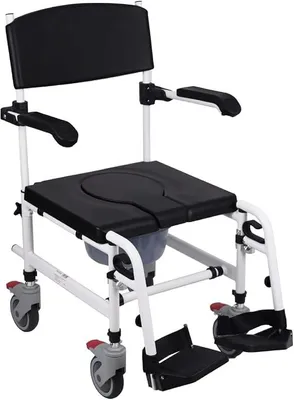 Produktbild von fahrbarer Toilettenstuhl mit verstellbarer Sitzhöhe aus Aluminium mit gepolsterter Sitzfläche und Eimer - Toilettenrollstuhl - Zimmerrollstuhl - WC-Rollstuhl