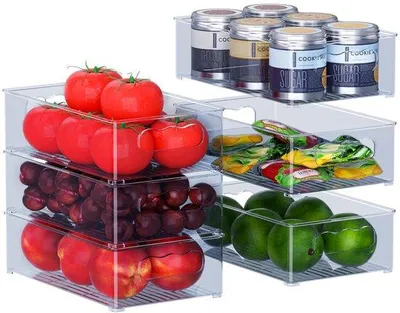 Zdjęcie produktu dla Zestaw 6-częściowy do organizacji lodówki i szafek, kolor niebiesko-szary, wykonany z bezpiecznego dla żywności materiału PET, pojemniki do przechowywania, które można układać jeden na drugim (wymiary: 26 x 16 x 8 cm / 25,4 x 15 x 7 cm / 24,6 x 14 x 6 cm)