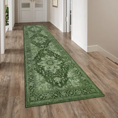 Obrázok produktu pre Koberec do chodby, 80x300 cm, zelený, protišmykový, umývateľný, v bohémskom štýle, vyrobený z umelých vlákien