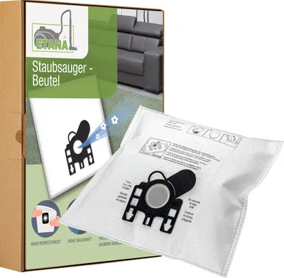 A product box for vacuum cleaner bags, with a vacuum cleaner bag shown in the foreground.