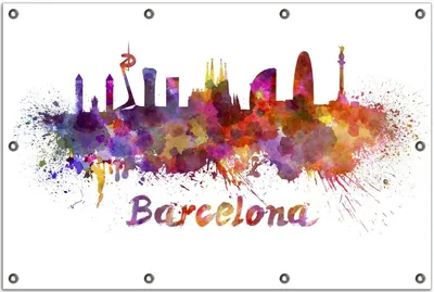 Produktbild von Wallario Outdoor-Poster für Garten oder Balkon, Motiv Städte als Aquarell - Skyline von Barcelona, in ca. 80 x 120 cm