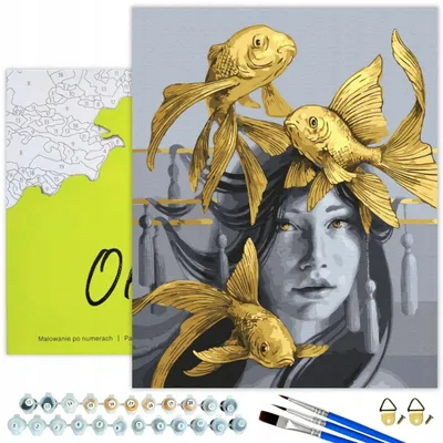 Produktbild von Malen nach Zahlen Set Mädchen mit Fisch 40x50 Goldfarbe