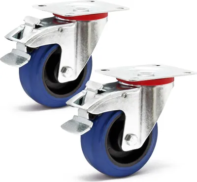 Produktbild von Wiltec Lenkrollen Set 2x Transportrolle Ø100mm bis 150kg pro Rad mit Kunststoffrad, Bremse und Anbauplatte, leiser Lauf, Transportrollen Möbelrollen Laufrollen