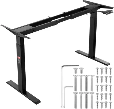 A black electric standing desk frame with included screws and tools is displayed against a white background.