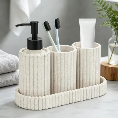 Image de Ensemble d'accessoires de salle de bain, comprenant : distributeur de savon, porte-brosses à dents, gobelet et étagère, en paille de blé, couleur naturelle