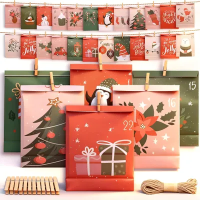Adventskalender-Tüten, 24 Papierbeutel zum Selbstbefüllen, Weihnachten