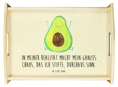 Produktbild von Mr. & Mrs. Panda Serviertablett Avocado Glücklich - Gelb Pastell - Geschenk, kaffeetablett, sofatablett, Deko Tablett, Freude, Frucht, Chaos, Verrückt, aus holz