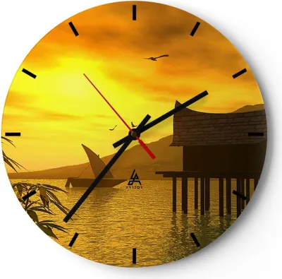 Produktbild von Wanduhr - Rund - Glasuhr - Asien Berg Meer Felsen - 30x30cm - Schleichendes Uhrwerk - Lautlos - zum Aufhängen bereit - Dekoration Modern - Wanddekoration aus Glas - C3AR30x30-0363