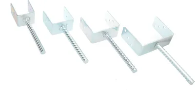 Four galvanized steel U-shaped post anchors of varying sizes are arranged diagonally on a white background.