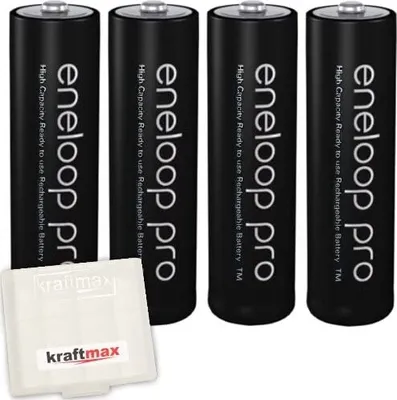 Four black rechargeable batteries and a white battery case are shown against a white background.