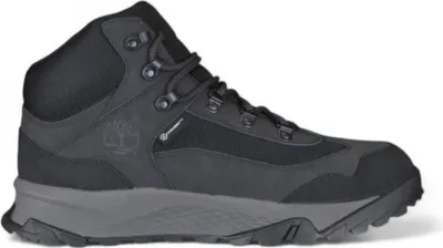 A black Timberland boot is shown against a white background.
