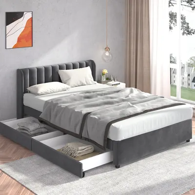 A bedroom scene with a bed and nightstand.