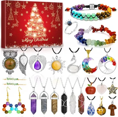 Produktbild von Schmuck Adventskalender 2025 für Frauen Mädchen Teenager, 24-teiliges Weihnachts-Countdown-Set mit Halsketten Armbändern Ringen Ohrringen Edelsteinen