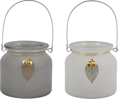 Produktbild von Gilde Windlicht, "Pagina", Blattmotiv, Glas, grau, weiß, VE 6, 2 Stück wie abgebildet,, L. 9 cm, B. 9 cm, H. 10 cm 50632