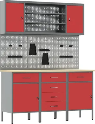 Immagine prodotto di Banco da lavoro con cassetti, 7 pezzi, colore rosso, ideale per ingegneri, realizzato in legno e acciaio
