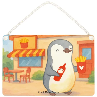 Produktbild von Mr. & Mrs. Panda Schild Pinguin Pommes Design DIN A5 - Weiß - Geschenk, hängeschild, Dekoschild, Valentinstag, für Frauen, Türschild, Jahrestag, Liebesbeweis, Freundin